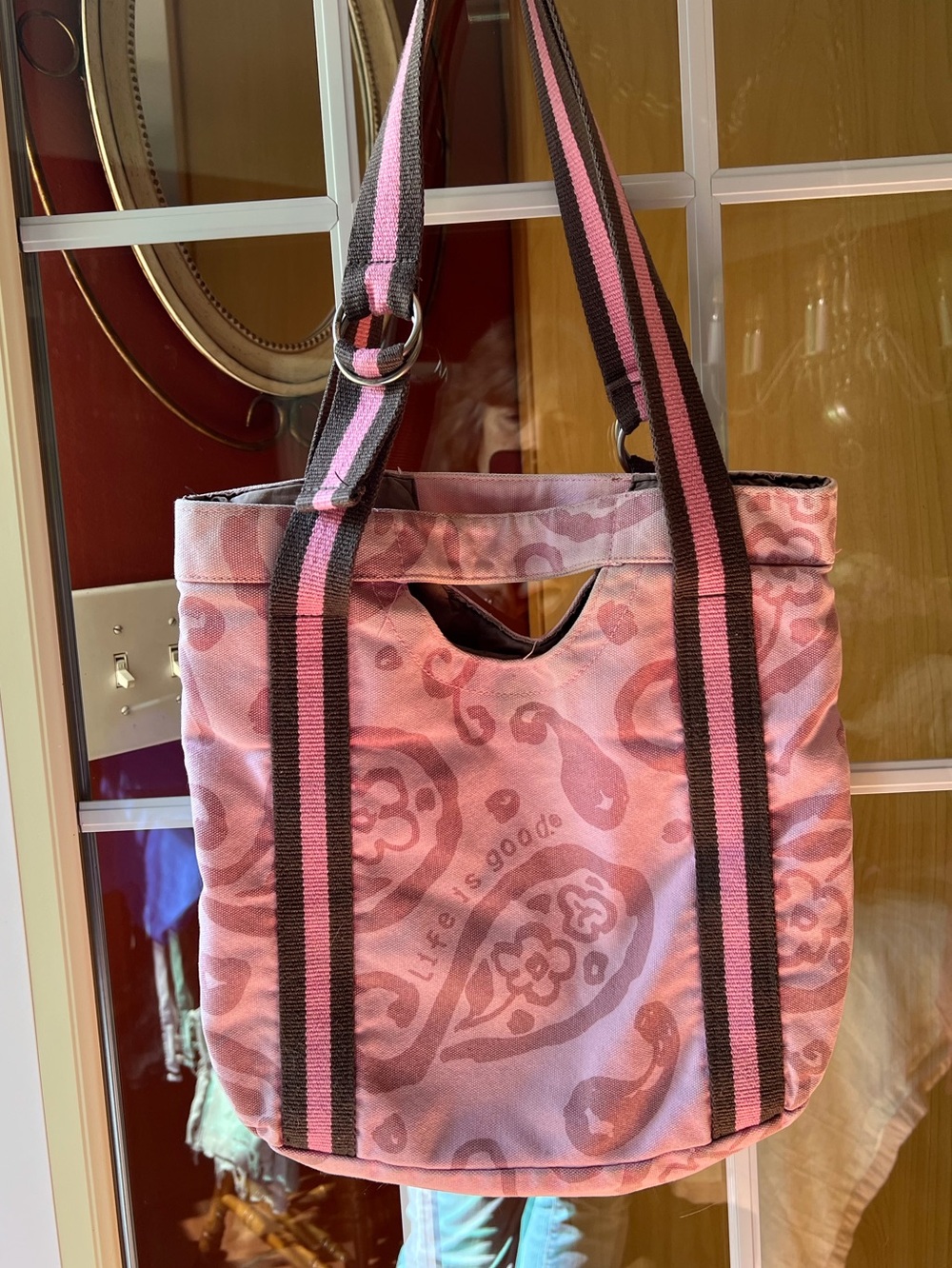 Life Is Good Pink Patterned Tote with Brown-Trim Straps